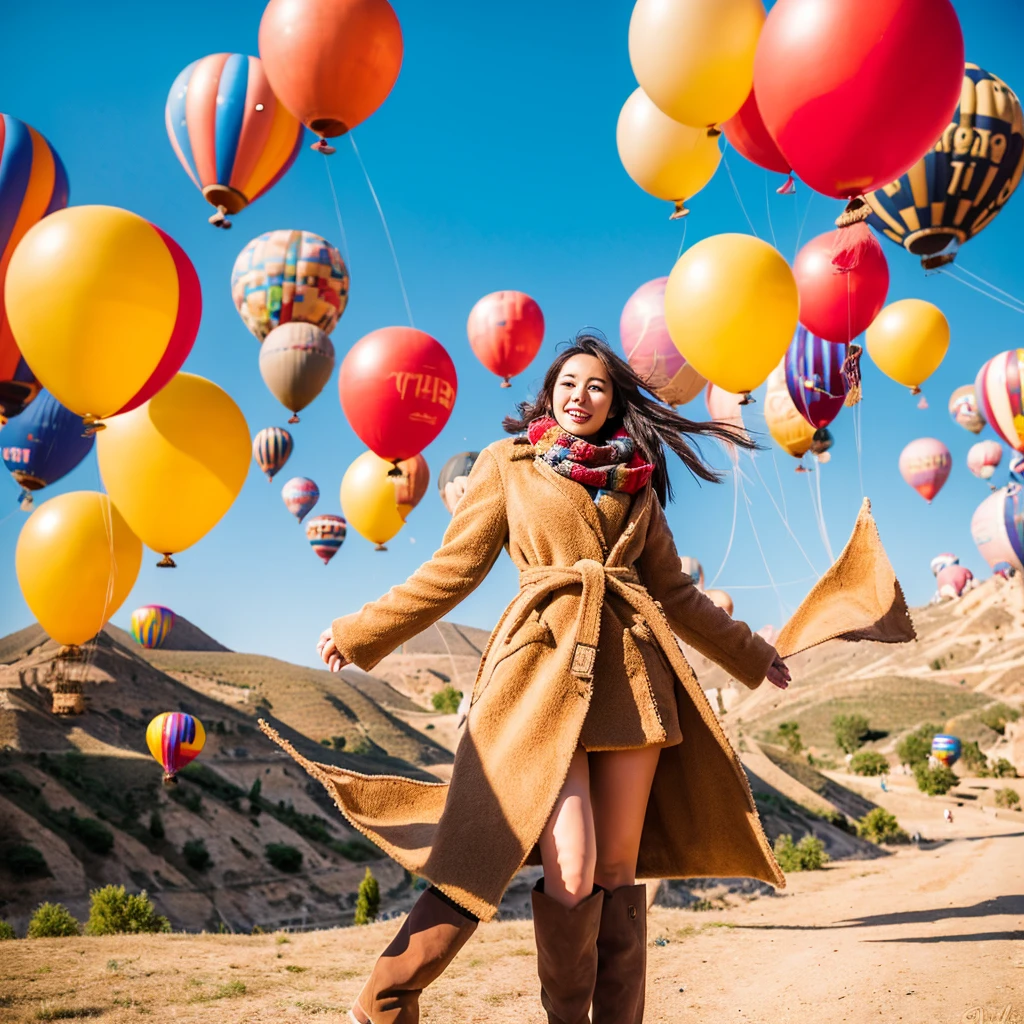 A beautiful 26 year old Indonesian woman wearing a beige coat, scarf and high boots poses elegantly with several giant colorful balloons in the sky of Cappadocia, Turkey.