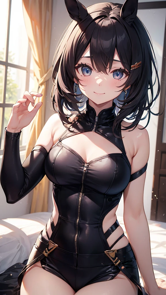 ((最high quality, 8K, masterpiece)), High resolution、(high quality: 1.5)、Very detailed、Detailed face、Bright colors、Natural light、Fine grain、Colorful eyes、Beautiful Face、非常にDetailed faceのテクスチャの女性,masterpiece, 最high quality, Detailed and beautiful eyes,最high quality、Best image quality、masterpiece、Mr.々Hairstyle,Just beautiful,mature female,独奏,smile,smile,(Fictional Horse Girl),(Fictional Horse Girlのデザイン),New Uma Musume design,Competition clothes,Horse ears,Horse tail,Posing,Supra-knee composition,masterpiece,最high quality、so beautiful、High resolution,((Glamorous Body)))(masterpiece:1.2)、(最high quality:1.2)、Latest Glossy Skin