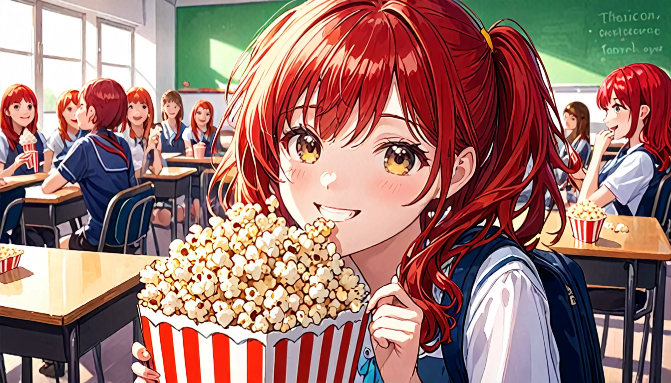 cute girl, 18 years, eating popcorn and ice cream, smiling, red hair, class room,
