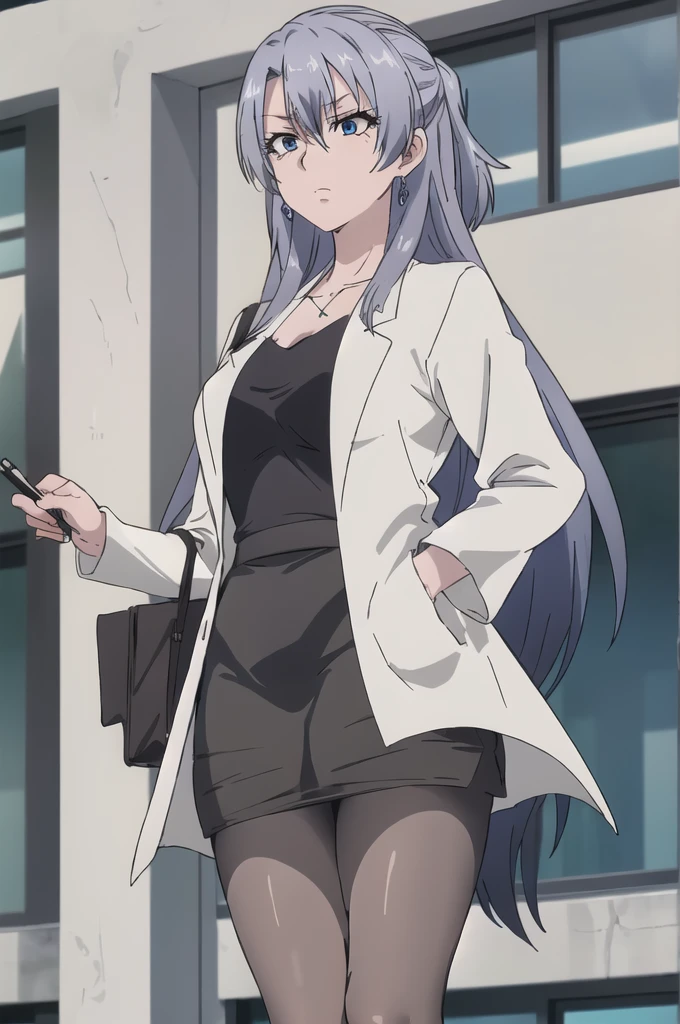 (extremely detailed CG unity 8k wallpaper), (masterpiece), (best quality), (ultra-detailed), (best illustration), (best shadow), (absurdres), Shinka Nibutani, 1girl, pantyhose, solo, long hair, labcoat, skirt, pencil skirt, hand in pocket, pen, black pantyhose,blue eyes