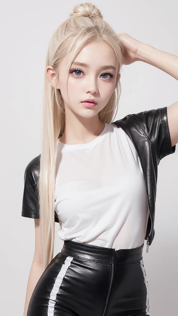 (((Short sleevesTshirt、Black Leather Pants、White background)))、forehead、Northern Europe、Russia、beautiful girl、Platinum Blonde Hair、Straight long hair、Hitting the face and front of the eyes、Big blue eyes、Sheer white and wet nightgown、Northern Europeの若者、Perfect body、White tendons、Glowing Skin、Young and beautiful skin、A perfect and beautiful little face、Bright makeup、Pale pink lips、Bright expression、16-year-old girl、lipstick、Deceptive advertising、Viewer's vision、Golden Hour Lighting、Bokeh Atmosphere Perspective、detailed、Movie Light、複雑なdetailed、High resolution、 フェイスデザインのdetailedな特徴、Attention to detail、Clear focus、Smoothness、aesthetics、Printed、Octane、{{masterpiece}}