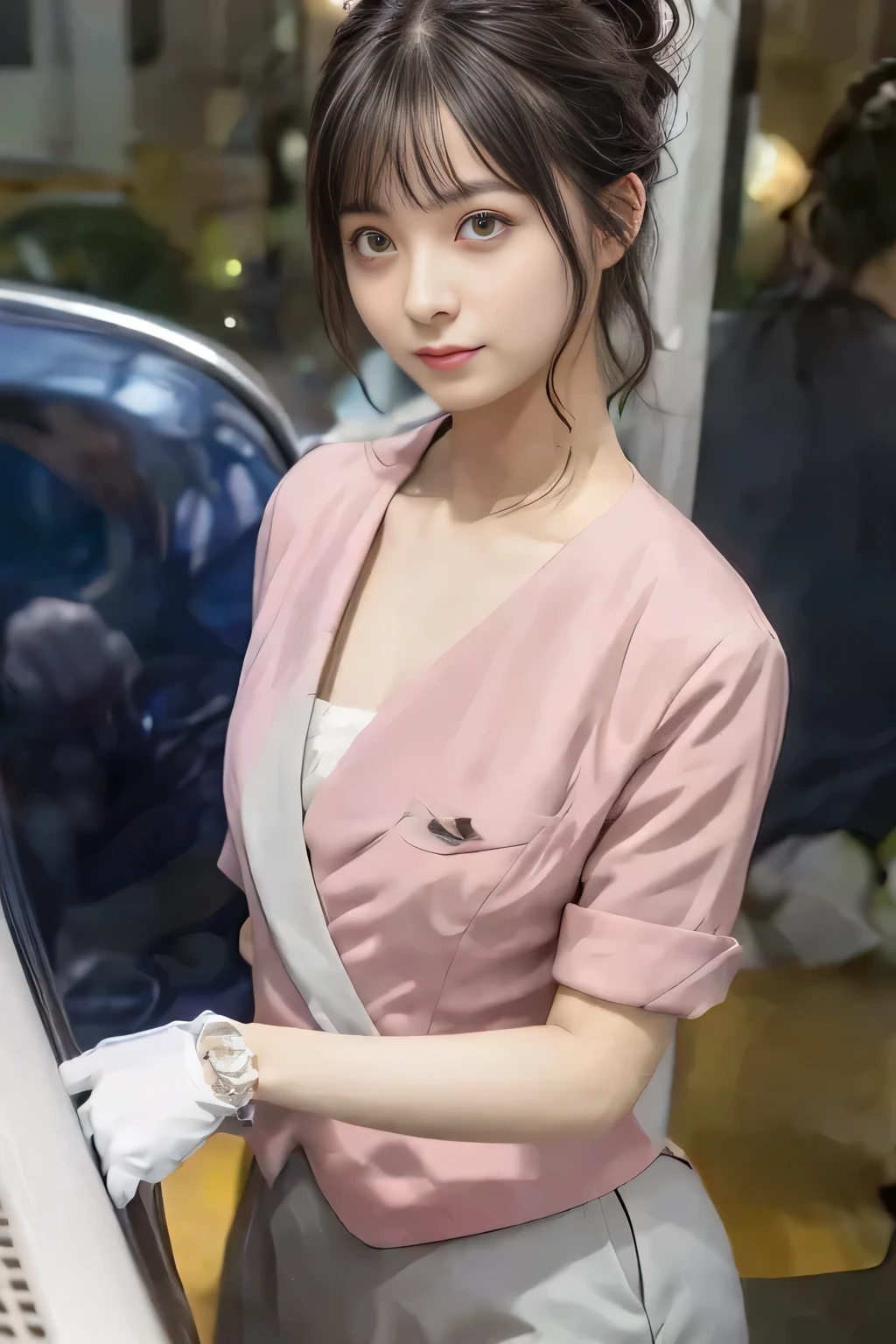 Showing your belly button、(masterpiece:1.2, Highest quality:1.2), 32k HDR, High resolution, (alone、1 girl)、 (Height: 160cm)、（On the rooftop of a building in the daytime、Professional Lighting）、Building rooftop background、（Nankai train crew uniform pinkを着たリアルスタイル）、（Nankai train crew uniform pink short sleeve collarless pink jacket、Nankai Train Crew Uniform Pink Collarless Short Sleeve Blouse、Nankai Train Crew Uniform Pink Grey Knee-length Culottes）、（The pink jacket is showing from the culottes.）、Dark brown hair、（Hair tied up、Hair tied up、Evening curly hairstyle）、Dark brown hair、Long Shot、Big Breasts、Thin legs、（（Great hands：2.0）），（（Harmonious body proportions：1.5）），（（Normal limbs：2.0）），（（Normal finger：2.0）），（（Delicate eyes：2.0）），（（Normal eyes：2.0））)、smile、（Nankai Train Crew Uniform Pink Grey Knee-length Culottesを見せた美しい歩く姿）、Place your hands around your stomach