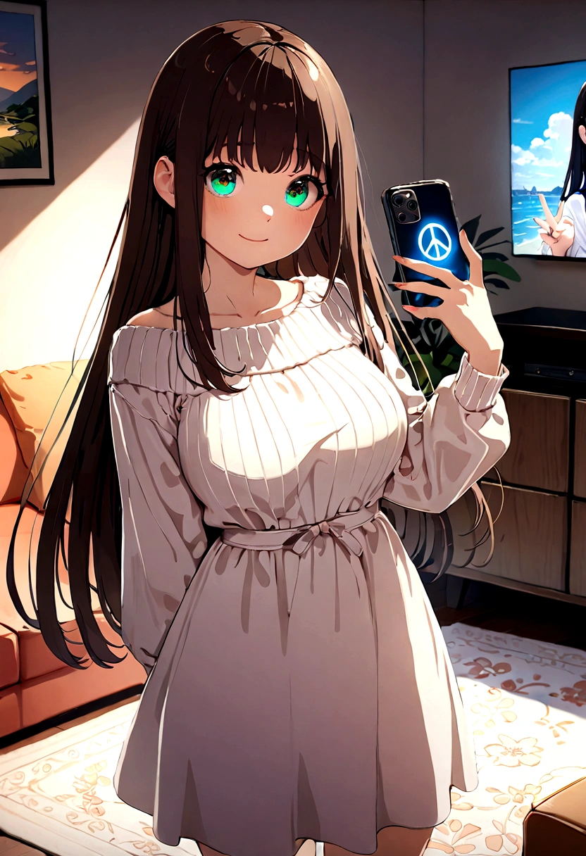 ((1girl)), super fine illustration, vibrant colors, absurdres extremely detailed CG, 8k wallpaper, (masterpiece:1.3), dynamic angle, dynamic pose,
best quality, depth of field, cinematic lighting, ultra detailed, brown long hair, very straight hair, large breast, white knit dress , 20yo, cute, very , kawaii, smile, droopy eyes, arms at sides, smartphone, modern living room, peace sign, The screen of the smartphone in his hand is facing towards me