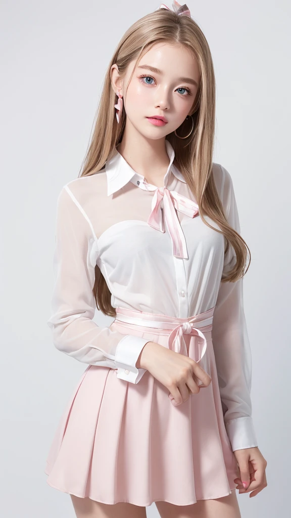 (((Ribbon & Tie、Dress shirt、blouse、high school girl、mini skirt、White background)))、forehead、Northern Europe、Russia、beautiful girl、Platinum Blonde Hair、Straight long hair、Hitting the face and front of the eyes、Big blue eyes、Sheer white and wet nightgown、Northern Europeの若者、Perfect body、White tendons、Glowing Skin、Young and beautiful skin、A perfect and beautiful little face、Bright makeup、Pale pink lips、Bright expression、16-year-old girl、lipstick、Deceptive advertising、Viewer&#39;s vision、Golden Hour Lighting、Bokeh Atmosphere Perspective、detailed、Movie Light、複雑なdetailed、High resolution、 フェイスデザインのdetailedな特徴、Attention to detail、Clear focus、Smoothness、aesthetics、Printed、Octane、{{masterpiece}}