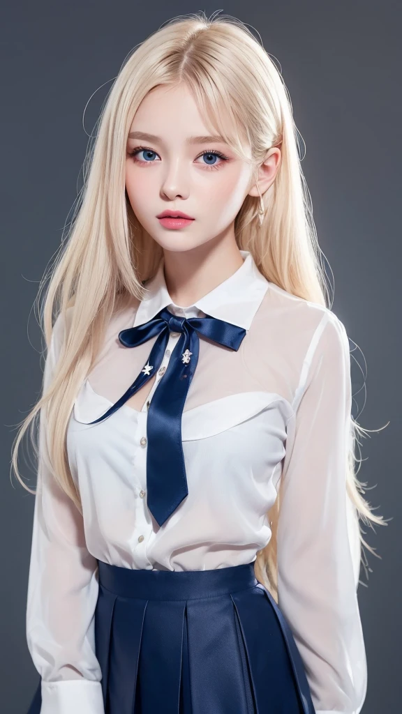 (((Ribbon & Tie、Dress shirt、blouse、high school girl、mini skirt、White background)))、forehead、Northern Europe、Russia、beautiful girl、Platinum Blonde Hair、Straight long hair、Hitting the face and front of the eyes、Big blue eyes、Sheer white and wet nightgown、Northern Europeの若者、Perfect body、White tendons、Glowing Skin、Young and beautiful skin、A perfect and beautiful little face、Bright makeup、Pale pink lips、Bright expression、16-year-old girl、lipstick、Deceptive advertising、Viewer&#39;s vision、Golden Hour Lighting、Bokeh Atmosphere Perspective、detailed、Movie Light、複雑なdetailed、High resolution、 フェイスデザインのdetailedな特徴、Attention to detail、Clear focus、Smoothness、aesthetics、Printed、Octane、{{masterpiece}}
