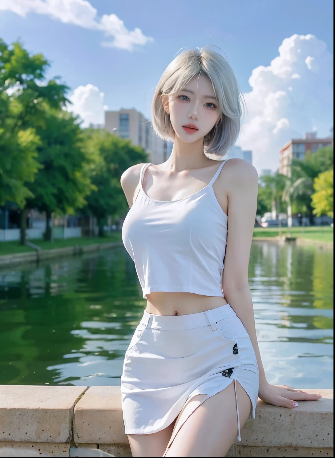Beautiful woman with perfect figure:1.4,Swimming background,Desert Background,Ultra-high resolution,Seductive laughter,wear glasses,White legs,(lifelike:1.4),Layered Hairstyle,White皮肤,Black mini pleated skirt,whole body,Very delicate face and skin texture,Double eyelids,Skin Whitening,Long hair,White hair,White,