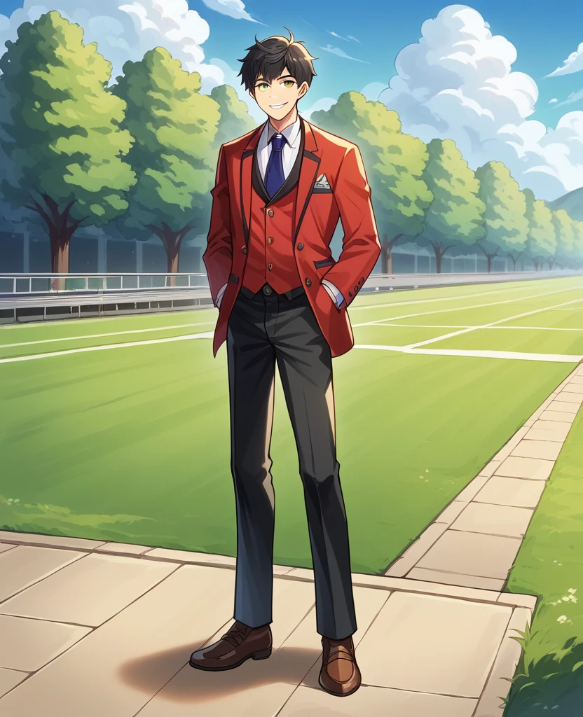 score_9, score_8_Excellent, score_7_Excellent, sauce_Anime BREAK 1 Boy, alone, Male Focus, Part 1 Lian, Black Hair, , Red Blazer, tie, Black trousers, Outdoor, Are standing, Put your hands in your pockets, View your audience, smile，Prostration