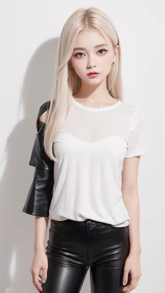 (((Short sleevesTshirt、Black Leather Pants、White background)))、forehead、Northern Europe、Russia、beautiful girl、Platinum Blonde Hair、Straight long hair、Hitting the face and front of the eyes、Big blue eyes、Sheer white and wet nightgown、Northern Europeの若者、Perfect body、White tendons、Glowing Skin、Young and beautiful skin、A perfect and beautiful little face、Bright makeup、Pale pink lips、Bright expression、16-year-old girl、lipstick、Deceptive advertising、Viewer's vision、Golden Hour Lighting、Bokeh Atmosphere Perspective、detailed、Movie Light、複雑なdetailed、High resolution、 フェイスデザインのdetailedな特徴、Attention to detail、Clear focus、Smoothness、aesthetics、Printed、Octane、{{masterpiece}}