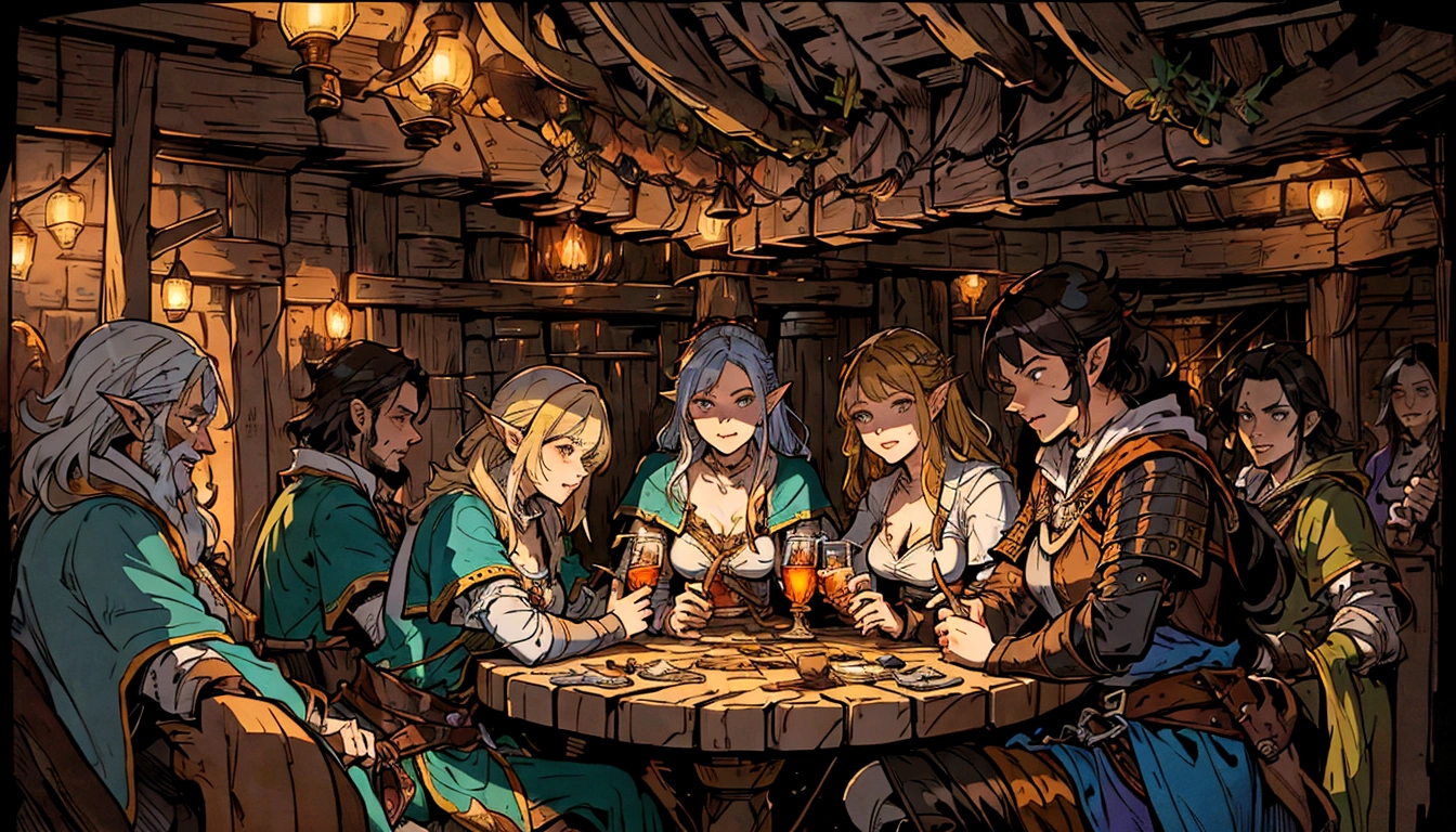 party of adventurers gathering in a tavern with candles and a food, wide shot, many people around drinking. tavern setting, lawther sit at table playing dnd, high quality dnd illustration, roleplaying game art, dnd , fantasy card game art, card game illustration, dnd card art, epic fantasty card game art, a multidimensional cozy tavern, tavern background, epic fantasy card game art