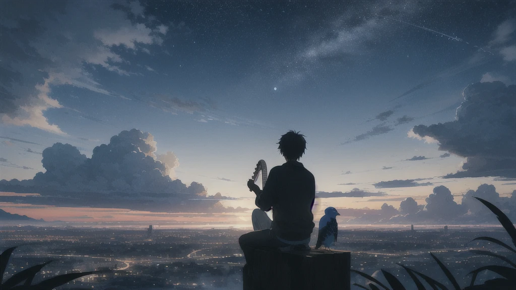 深night,暗いnight空,Octane, null, star (null), scenery, Blue parakeet,Acoustic guitar,starnull, night, One Boy, Back view,night, alone, Outdoor, Blue parakeet,building, cloud, milky way, Sitting, wood, Acoustic guitarが近くにある,city, silhouette