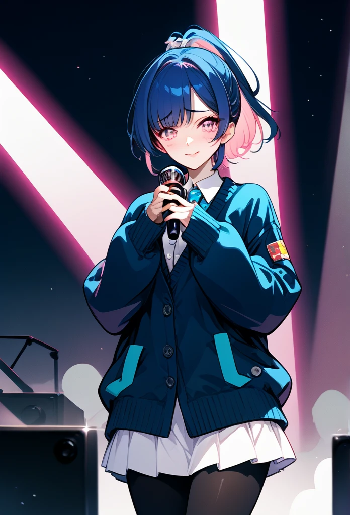mature woman, mature face, pink eyes, shy expression, embarrassed face, shy smile, glossy lips, ponytail hair, short ponytail, (blue hair color, pink gradient hair color, azure color hair), bangs covering left eye, left blinding bangs hairstyle, mature body, small breasts, dark blue cardigan, short skirt, navy color skirt, pantyhose, idol, stage, holding microphone
