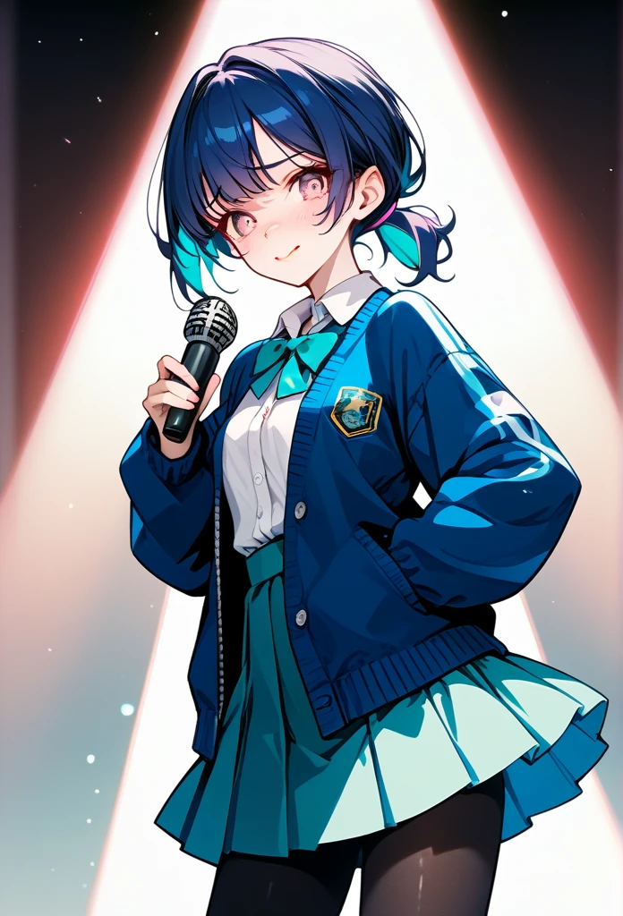 mature woman, mature face, pink eyes, shy expression, embarrassed face, shy smile, glossy lips, ponytail hair, short ponytail, (blue hair color, pink gradient hair color, azure color hair), bangs covering left eye, left blinding bangs hairstyle, mature body, small breasts, dark blue cardigan, short skirt, navy color skirt, pantyhose, idol, stage, holding microphone