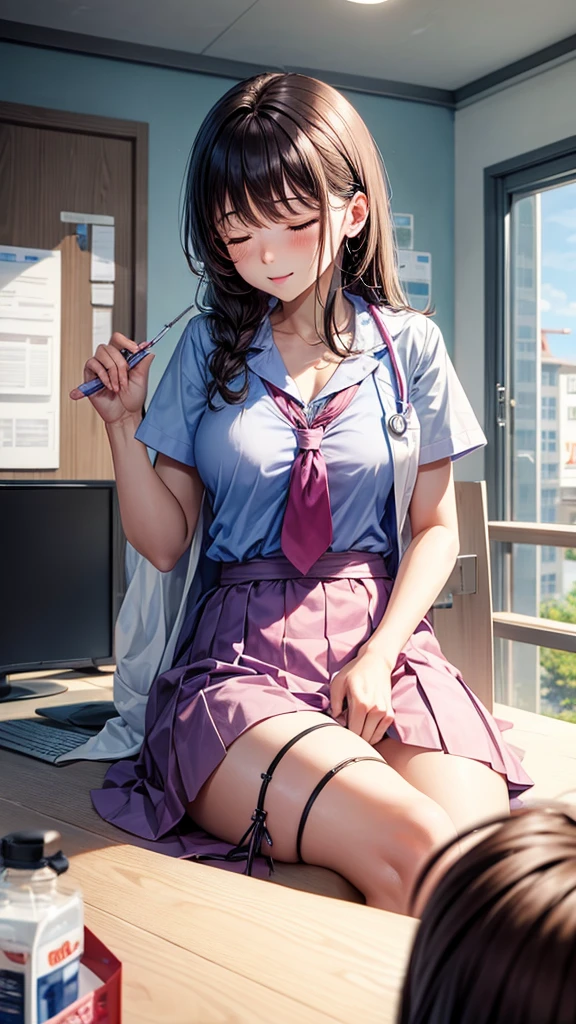((Tabletop, Highest quality, High resolution, , Pixel Perfect, 4K,))), 1 female teacher, single, alone, beauty、The whole body is visible、 ((Mid-wave hair, bangs, Brown Hair)), ((Brown eyes, Beautiful eyelashes, Realistic eyes)), ((Detailed face, Blushing:1.2)), ((Smooth texture:0.75, Realistic texture:0.65, Realistic:1.1, Anime CG Style)), Center of chest, Dynamic Angle, Perfect body, (( , , Wearing a white coat、Female doctor、、, 、))、、Very embarrassing panic smile, 、black flared skirt、classroom、Sit on a chair、Roll up your skirt to show your panties、、(Showing off her white and pink floral lace panties、)、Angle from below)、