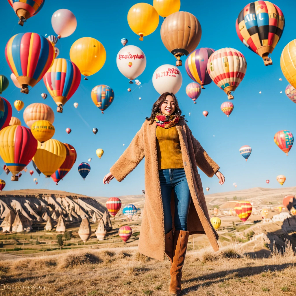 A beautiful 26 year old Indonesian woman wearing a beige coat, scarf and high boots poses elegantly with several giant colorful balloons in the sky of Cappadocia, Turkey.