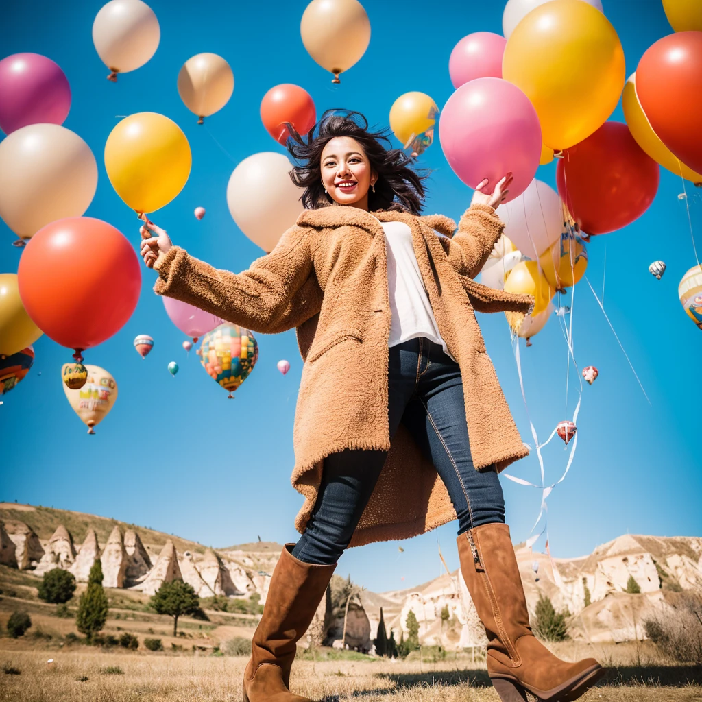 A beautiful 26 year old Indonesian woman wearing a beige coat, scarf and high boots poses elegantly with several giant colorful balloons in the sky of Cappadocia, Turkey.