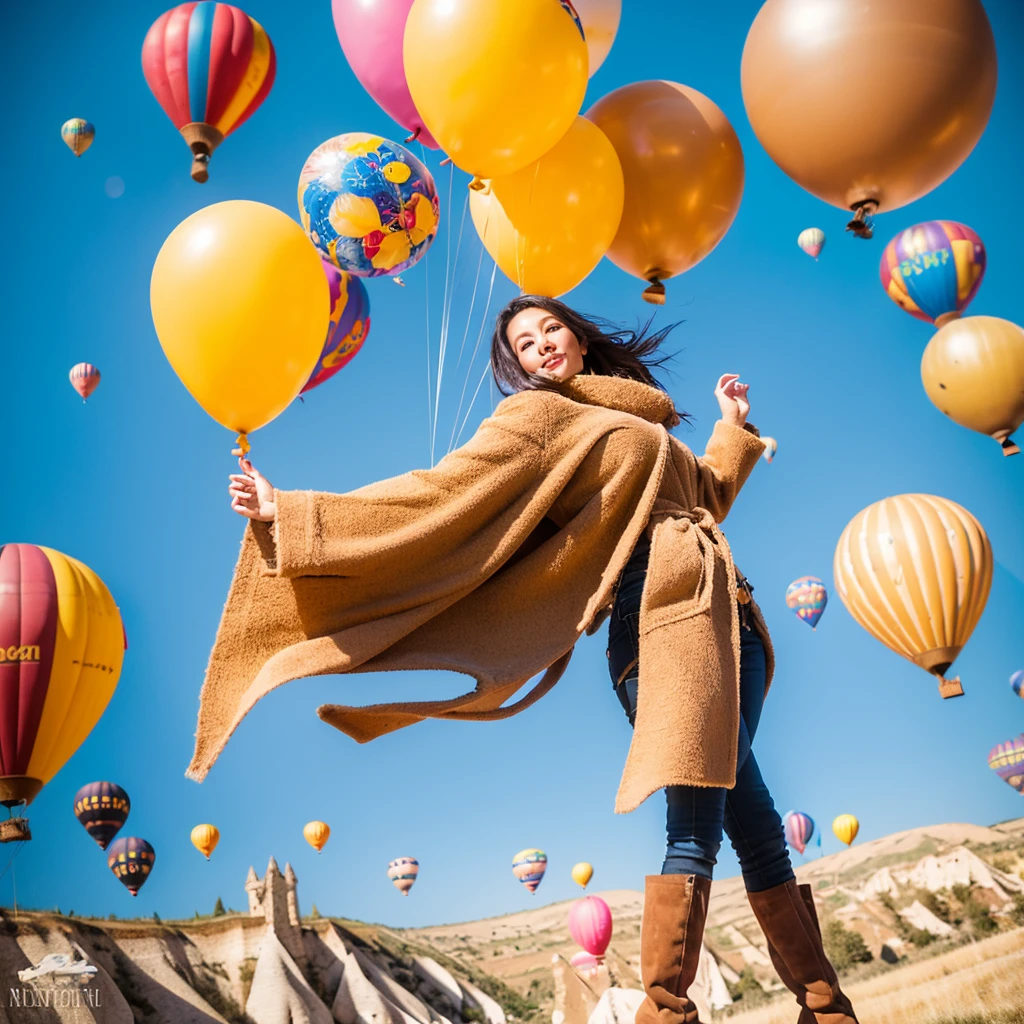 A beautiful 26 year old Indonesian woman wearing a beige coat, scarf and high boots poses elegantly with several giant colorful balloons in the sky of Cappadocia, Turkey.