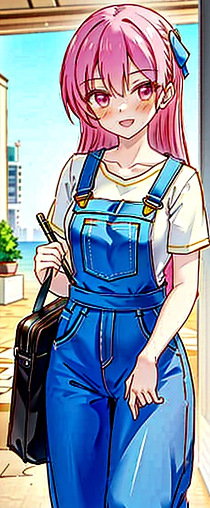 Overalls　Girl　Meeting　station　smile