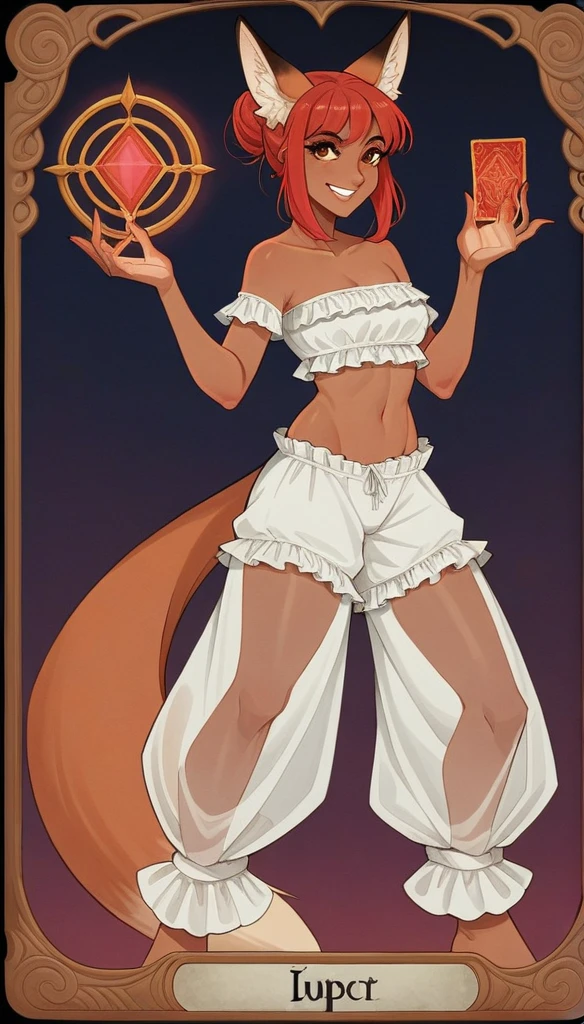 score_9, score_8_up, score_7_up, score_6_up, score_5_up, score_4_up, 
female, (fox:1.2), animal ears, holding (2 red magic Crystals on hands), (hands_up) , jewelery, hair_bun, dark_skin, dark_skinned_female, red hair, brown eyes, eyelashes, smile, frills, (Translucent croptop, arabic bloomers pants),
Full body standing painting, (((solo))), Simple line design, ((tarot card background, symmetric beauty)), perfectly symmetrical, The art of symmetry, Standing drawings of characters, ((flatcolors)), tmasterpiecetop Qualities qualtiy