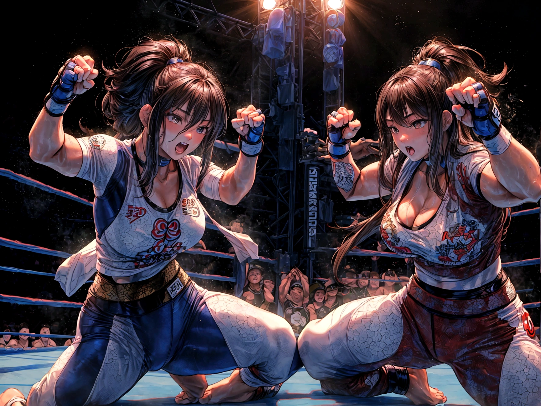 Beautiful woman、 ((Open Finger Gloves, Five Fingers)), (((Women's Mixed Martial Arts, Martial Arts)))、Fighter、Professional wrestler、Brown Skin、Rin々Funny face、Fighting Pose、One Woman、Pro Wrestling Love