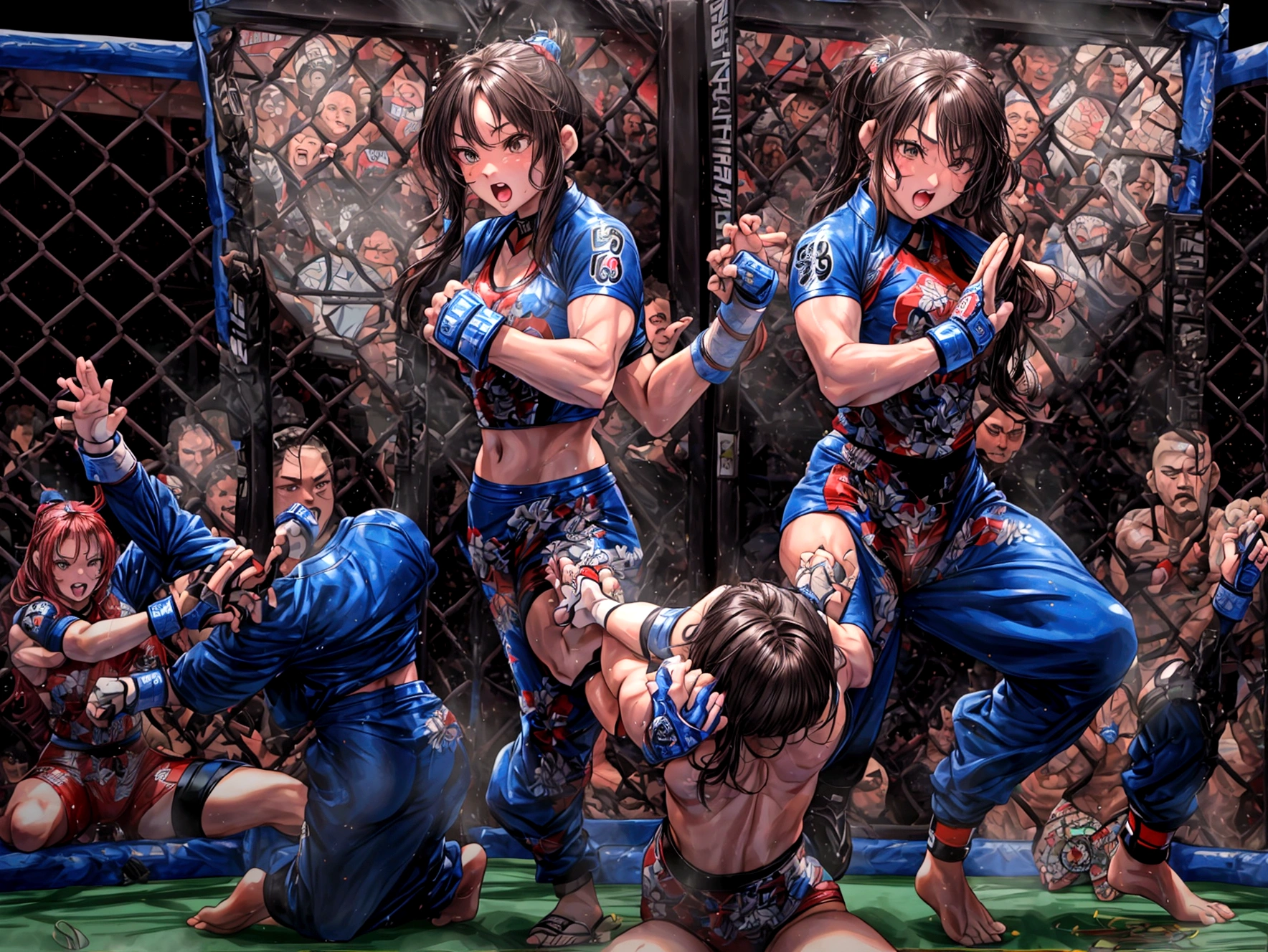 Beautiful woman、 ((Open Finger Gloves, Five Fingers)), (((Women's Mixed Martial Arts, Martial Arts)))、Fighter、Professional wrestler、Brown Skin、Rin々Funny face、Fighting Pose、One Woman、Pro Wrestling Love