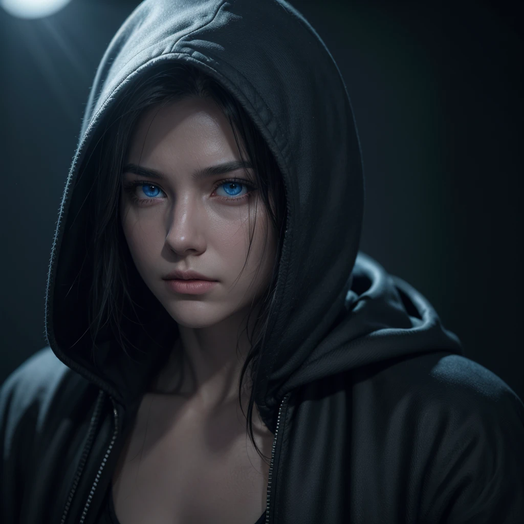 a hooded masculine figure, bright blue eyes, dark mysterious expression, cinematic lighting, dramatic atmosphere, ethereal, digital art, dark fantasy, hyperrealistic, (best quality,4k,8k,highres,masterpiece:1.2),ultra-detailed,(realistic,photorealistic,photo-realistic:1.37),HDR,UHD,studio lighting,ultra-fine painting,sharp focus,physically-based rendering,extreme detail description,professional,vivid colors,bokeh