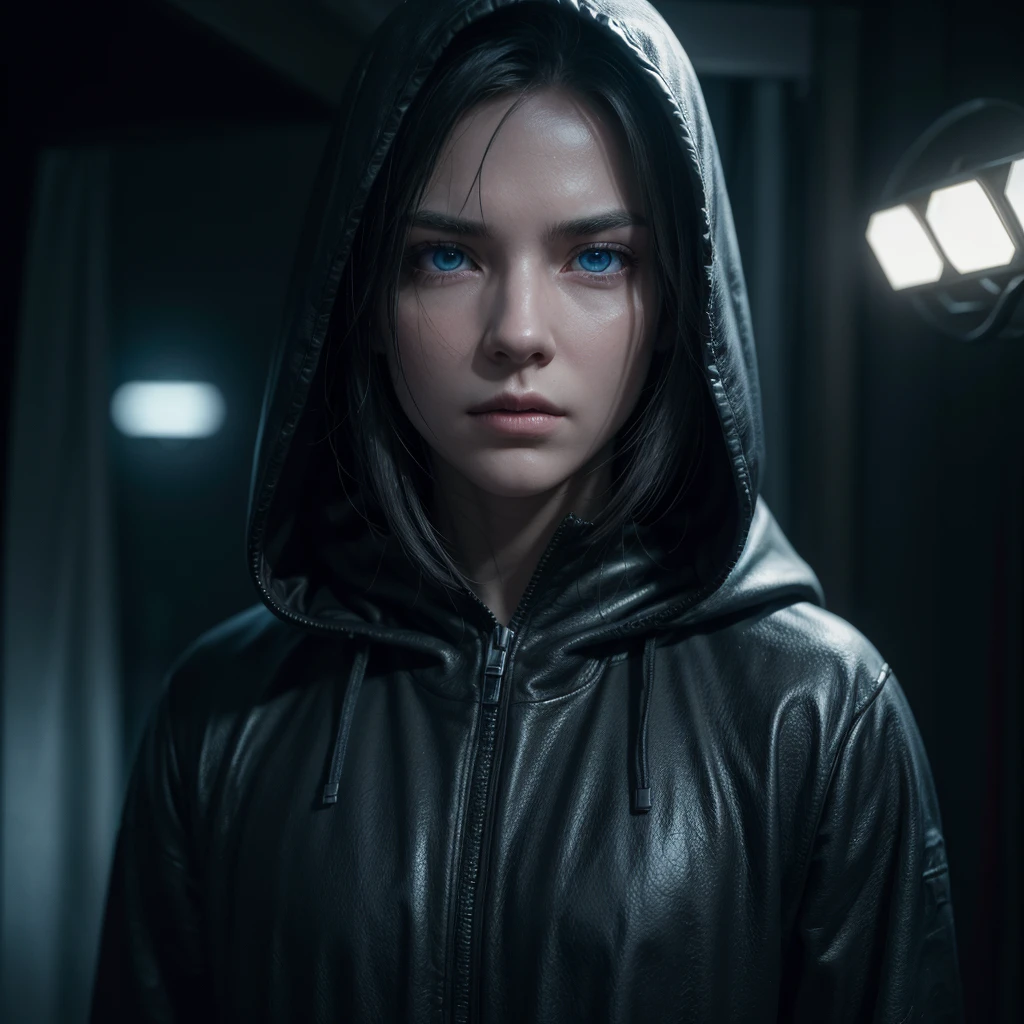 a hooded masculine figure, bright blue eyes, dark mysterious expression, cinematic lighting, dramatic atmosphere, ethereal, digital art, dark fantasy, hyperrealistic, (best quality,4k,8k,highres,masterpiece:1.2),ultra-detailed,(realistic,photorealistic,photo-realistic:1.37),HDR,UHD,studio lighting,ultra-fine painting,sharp focus,physically-based rendering,extreme detail description,professional,vivid colors,bokeh