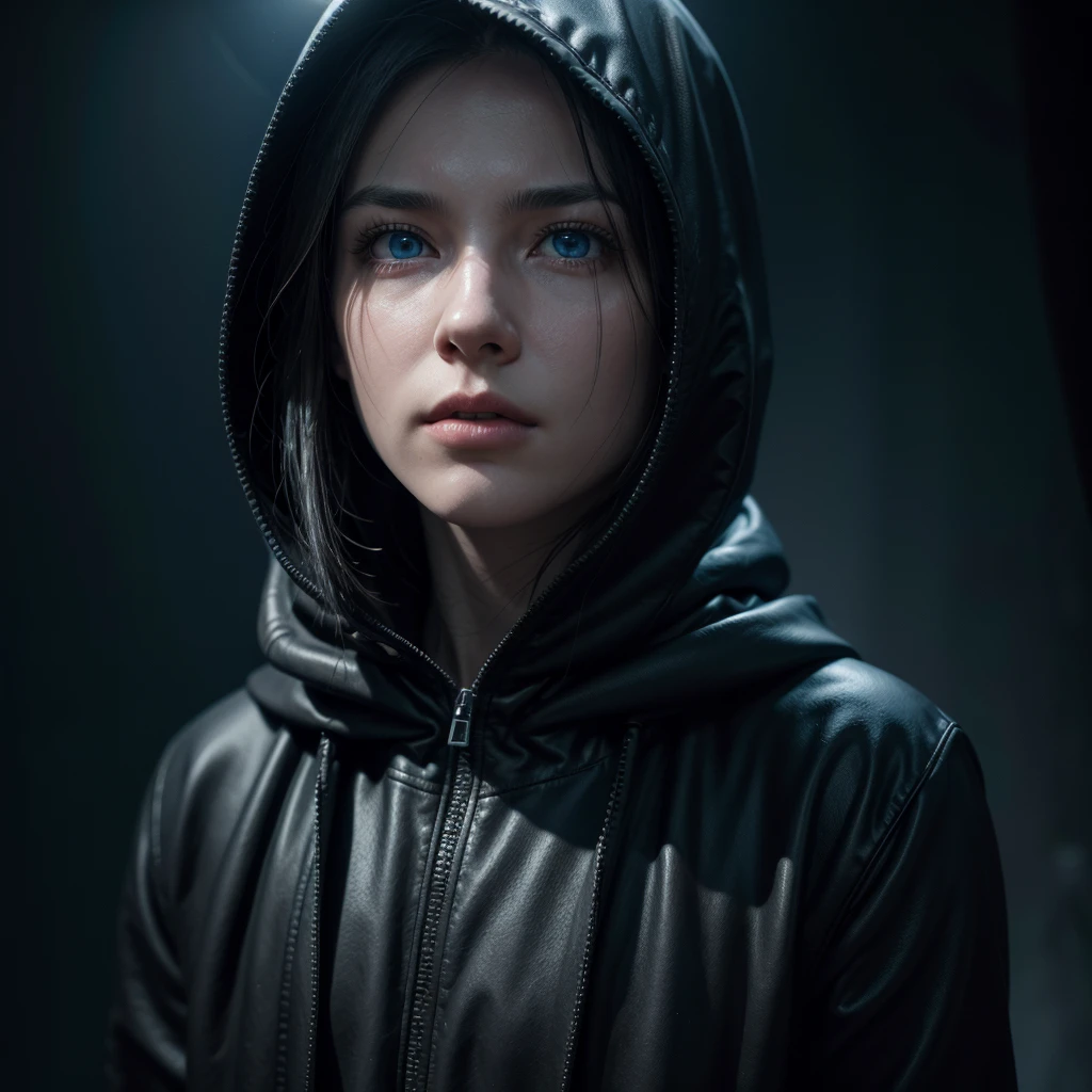 a hooded masculine figure, bright blue eyes, dark mysterious expression, cinematic lighting, dramatic atmosphere, ethereal, digital art, dark fantasy, hyperrealistic, (best quality,4k,8k,highres,masterpiece:1.2),ultra-detailed,(realistic,photorealistic,photo-realistic:1.37),HDR,UHD,studio lighting,ultra-fine painting,sharp focus,physically-based rendering,extreme detail description,professional,vivid colors,bokeh