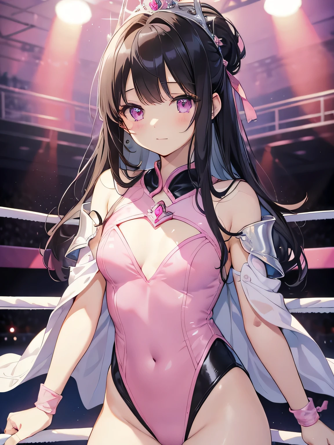 Highest quality、Very delicate and beautiful、Very delicate and beautiful、(Beautiful eyes)、Pink Eyes、I、I、、 、Japanese、、Chiquita、(armor)、(Black Hair)、((Pink leotard))、(High leg)、Tiara on head、Laughter、standing、Look forward、((Background is a wrestling ring))、