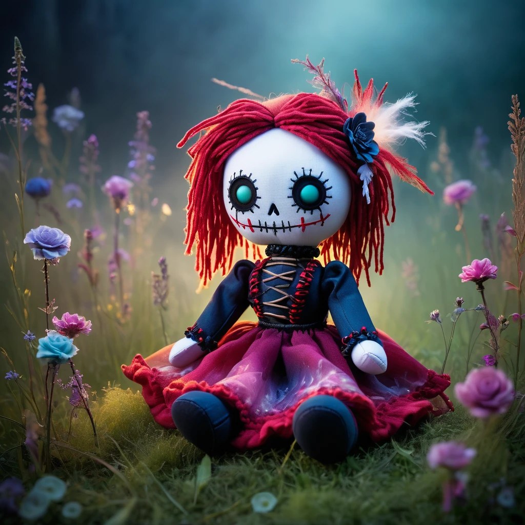 (knitted toy voodoo doll:1.5), (Voodoo Doll in Misty Meadows:1.3), (Clothing: ethereal attire with mist patterns:1.0), (Accessories: enchanted mist orb emitting soft light, floating wisps:1.1), (background: mystical meadows with rolling fog, glowing flowers, and serene atmosphere:1.2), best quality, masterpiece, detailed soft oil painting, detailed background, dramatic cinematic lighting, soft edge lighting, professional, dramatic lighting, hard edge lighting, ultra quality, 4k, masterpiece, best quality, 8k, ultra high definition, high resolution, extremely detailed