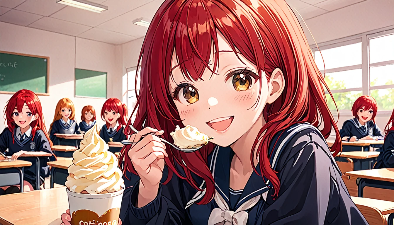 cute girl, 18 years, eating ce cream, smiling, red hair, class room,