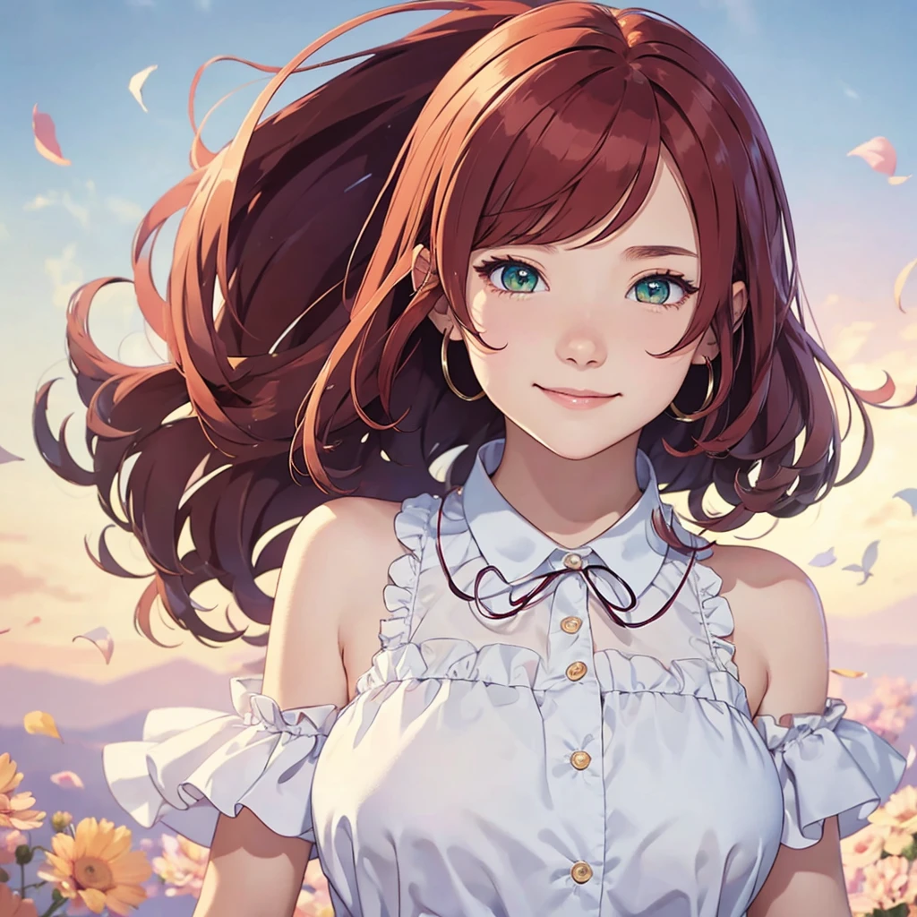 The anime girl in the portrait has short, shoulder-length red hair and green eyes, and a cute expression on her face. She's wearing a pink blouse and smiling at the camera, and the background is a plain white background. The style is anime, and the resolution is 8k