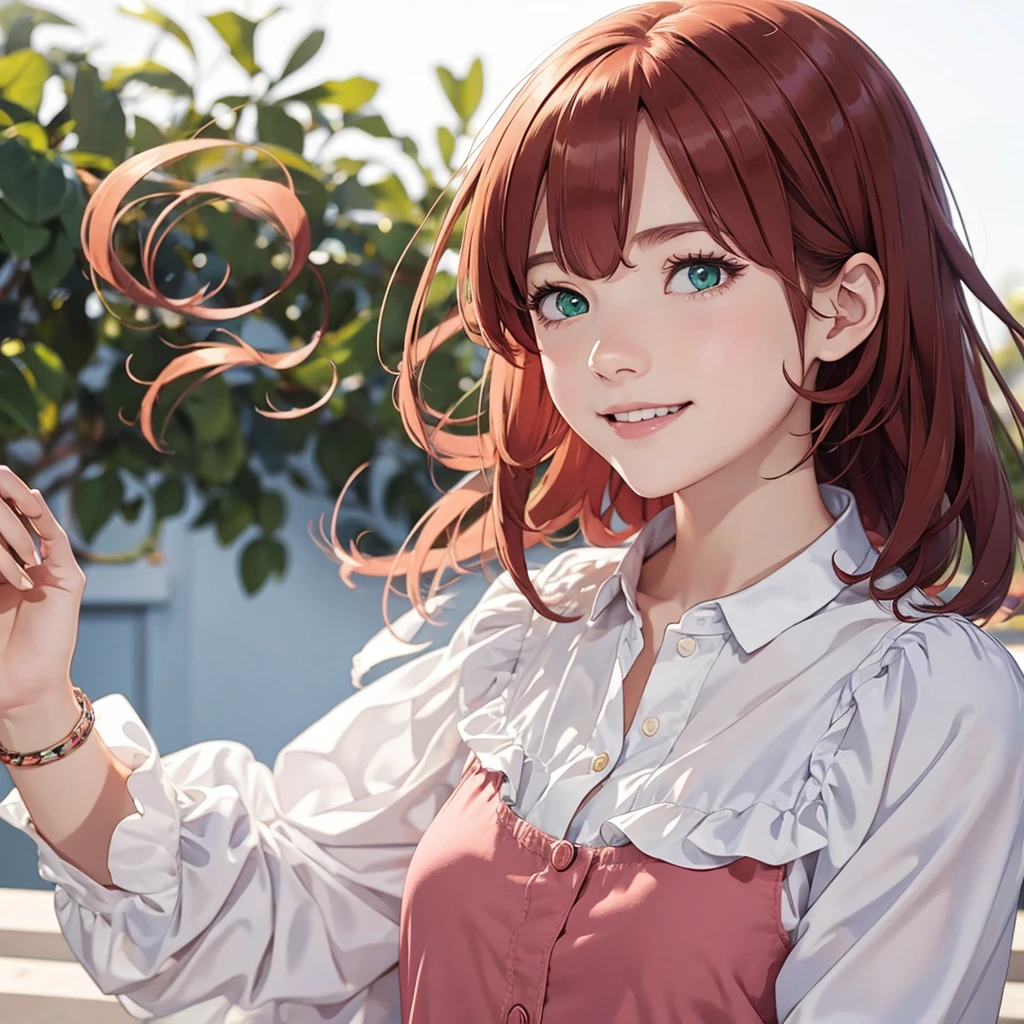 The anime girl in the portrait has short, shoulder-length red hair and green eyes, and a cute expression on her face. She's wearing a pink blouse and smiling at the camera, and the background is a plain white background. The style is anime, and the resolution is 8k