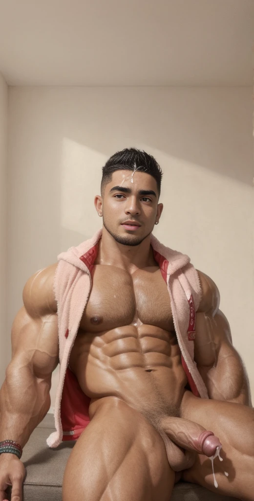 (masterpiece, intricately detailed, highest resolution, best quality:1.2), (doujin), a cocky Latino Instagram influencer, a 24 y.o muscle stud with a muscular physique sitting on a chair with black eyes,dark-skinned male, wearing a ((open jacket, chav, armbands)), ((excessive cum)) ((cum on body)) (cum drip), flaccid penis,saggy balls,hairy chest,vascular,muscle striations,soft light,fantastic realism,