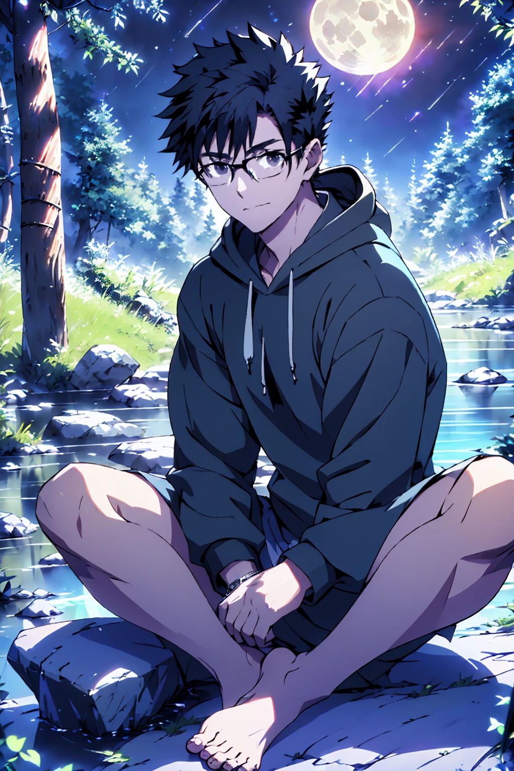 ((Highest quality)), ((masterpiece)), (detailed), Highest quality、High resolution、８K、Wearing a black hoodie、One adult male、33 years old、Dark Eyes、Black Hair、Japanese anime-like style、超High resolutionかわいい萌えアニメ8k、handsome face manly、undercut、Fake Hawk、Slender and muscular、Glasses、barefoot、sitting on a stone、Spread your legs、night、Forest landscape、lake、fire Fly、moonlight