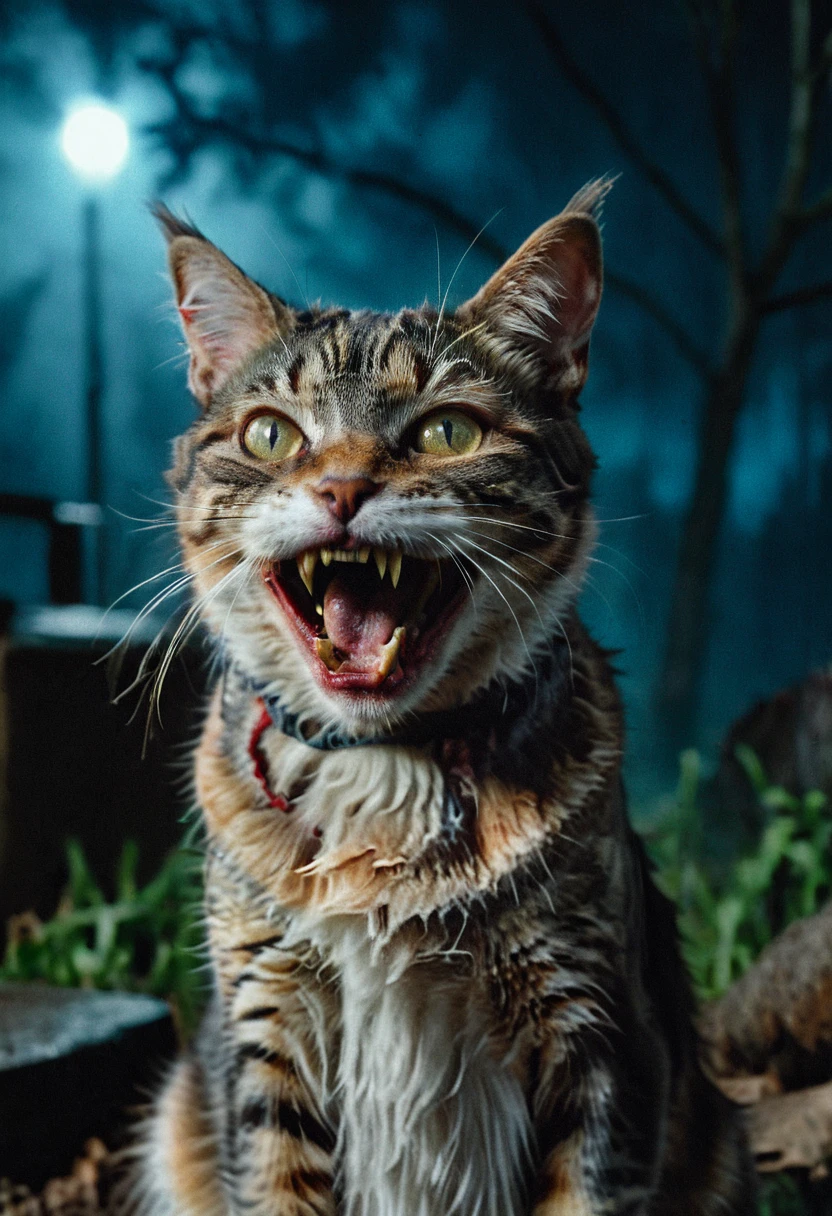 A zombie cat laughs at the camera, very detailed, photorealistic, night in the pet sematary, creepy atmosphere, Cinematic, Masterpiece, half body portrait, dramatic shadow evocative analog film noise, half body portrait, cinematic, movie still, captured in the style of Sony Alpha A7 III camera