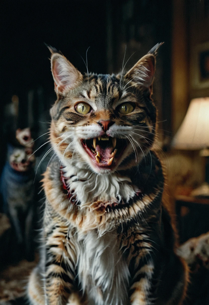 A zombie cat laughs at the camera, very detailed, photorealistic, night in the pet sematary, creepy atmosphere, Cinematic, Masterpiece, half body portrait, dramatic shadow evocative analog film noise, half body portrait, cinematic, movie still, captured in the style of Sony Alpha A7 III camera