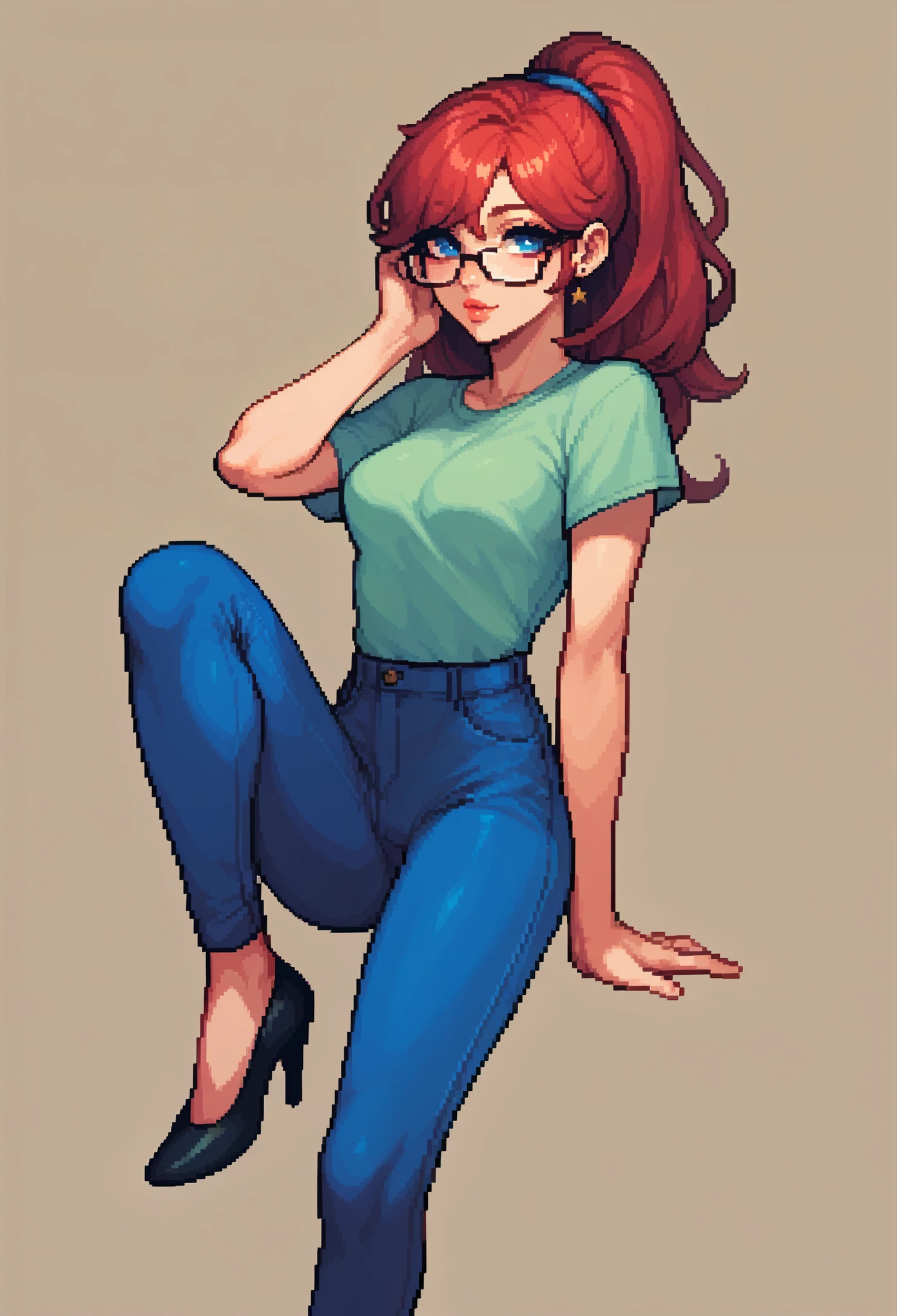 score_9, score_8_up, score_7_up, score_6_up, pixel art of a woman, pale, smooth skin, blue eyes, long straight red hair, full lips, slender physique, green t-shirt, glasses, blue pants, black heels
