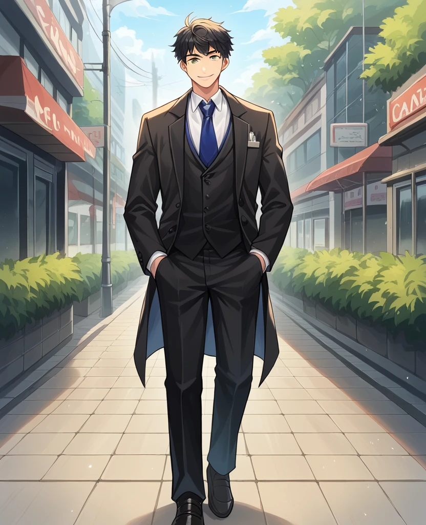 score_9, score_8_Excellent, score_7_Excellent, sauce_Anime BREAK 1 Boy, alone, Male Focus, Part 1 Lian, Black Hair, ,suit, tie, Black trousers, Outdoor, Are standing, Put your hands in your pockets, View your audience, smile