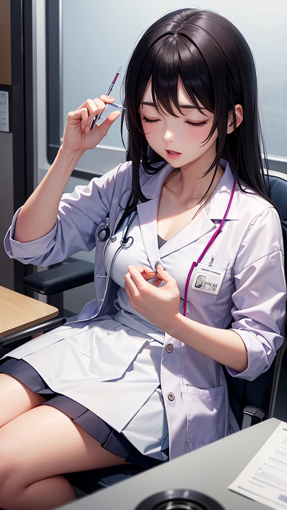 Doctor injecting injection to school girl with closed eyes