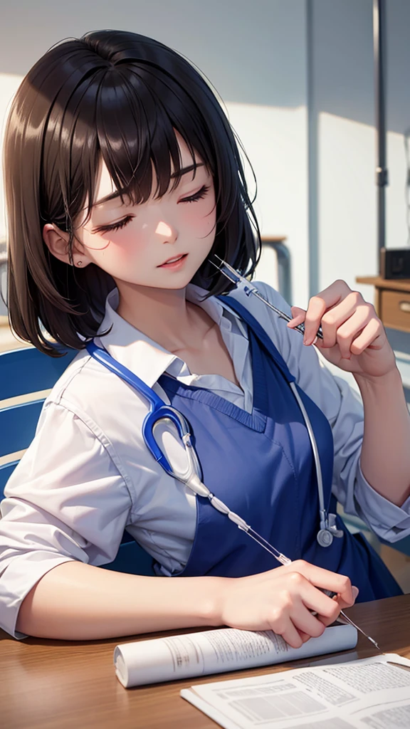 Doctor injecting injection to school girl with closed eyes