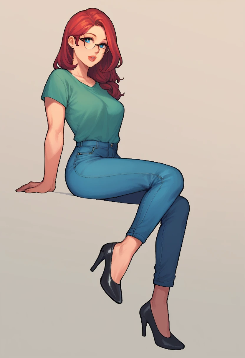 score_9, score_8_up, score_7_up, score_6_up, pixel art of a woman, pale, smooth skin, blue eyes, long straight red hair, full lips, slender physique, green t-shirt, glasses, blue pants, black heels
