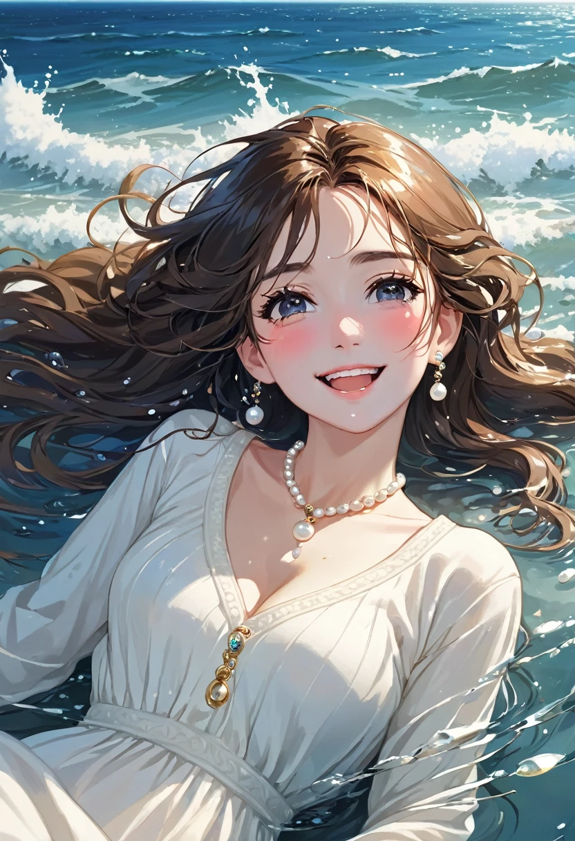 (masterpiece), best quality, expressive eyes, perfect face, women drowning in the sea, long white dress, open sweater, sea, wet hair, wink eyes, smile, happy face, wet clothes, pearl necklace, lying down pose