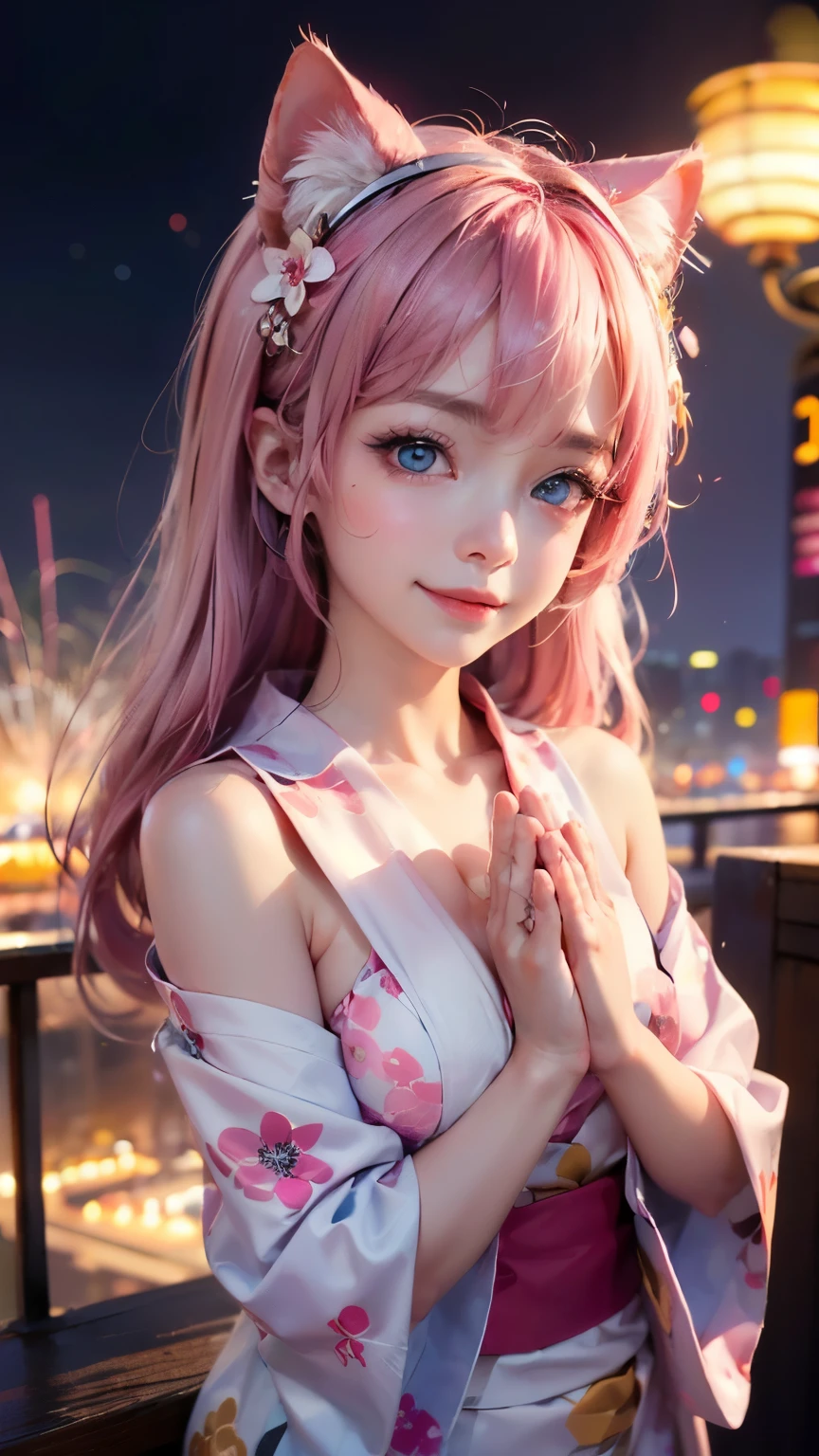 ((Highest quality)), ((masterpiece)), (detailed), 8K, High Resolution,One girl, Pink Hair, Perfect Eyes, Goddess of Athena, (I'm praying:1.4), (Hands together:1.3), (have confidence:1.6), (Facing forward:1.5), (Be confident:1.5), Fireworks display on background, smile, pink floral yukata, Cat ear, (Angel's wing:1.2), big eyes, (The body also faces forward:1.5),