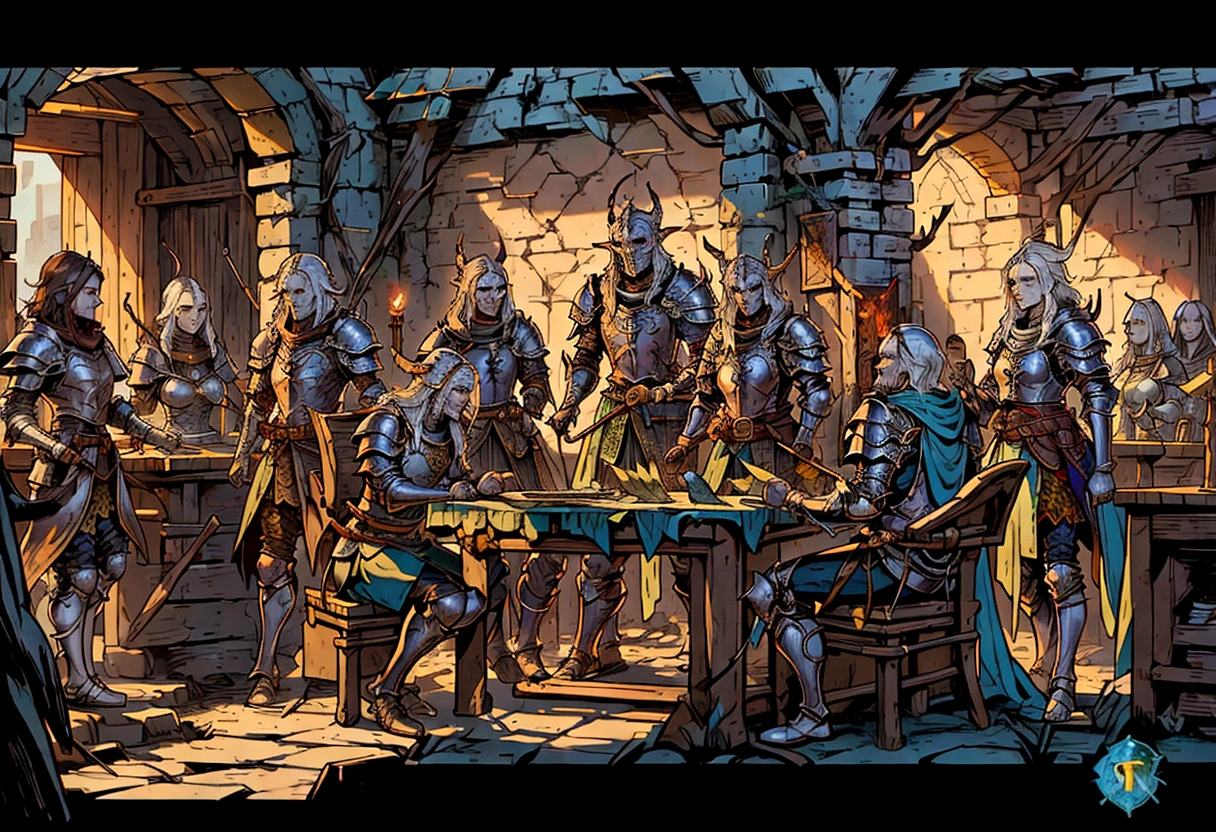 a group of people in armor standing around a table, dnd last supper, dnd , roleplaying game art, lawther sit at table playing dnd, wallpaper d&d art, fantasy card game art, medieval fantasy game art, dungeons and dragons art, high quality dnd illustration, epic fantasy card game art, by Kristian Zahrtmann, dungeon and dragons art