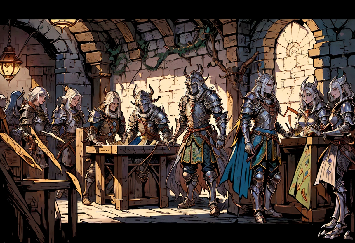 a group of people in armor standing around a table, dnd last supper, dnd , roleplaying game art, lawther sit at table playing dnd, wallpaper d&d art, fantasy card game art, medieval fantasy game art, dungeons and dragons art, high quality dnd illustration, epic fantasy card game art, by Kristian Zahrtmann, dungeon and dragons art