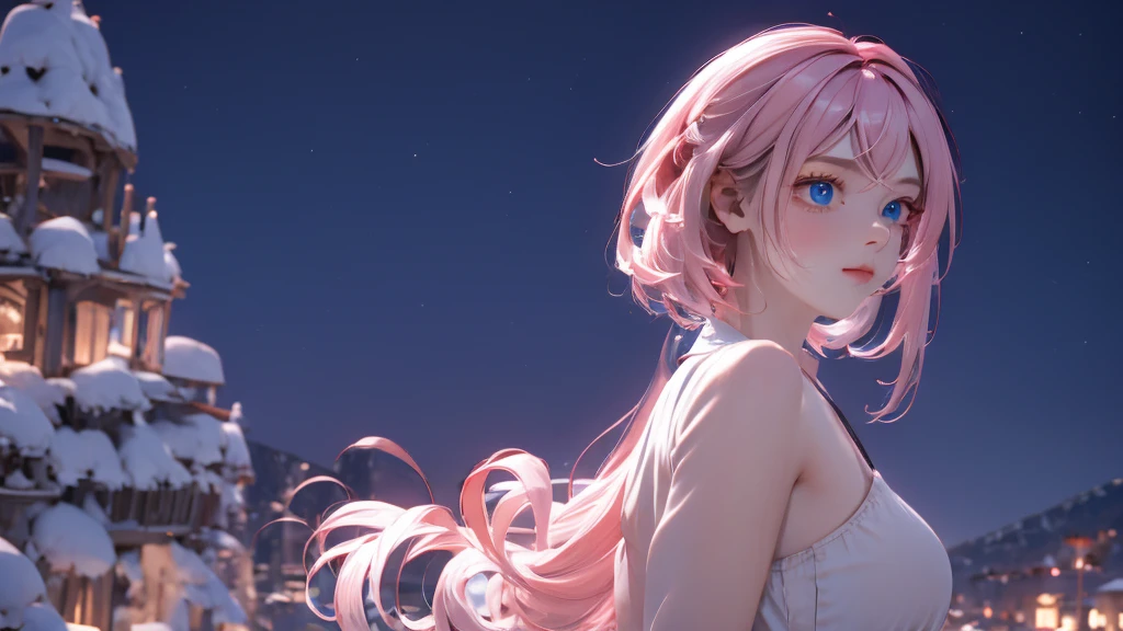1 Girl , Girl medium light Pink hair, light blue eyes, wearing black suit , night town , 18+ , high res, ultrasharp, 8K, masterpiece, looking from behind