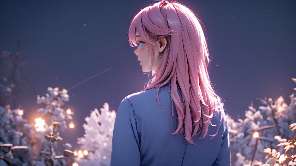 1 Girl , Girl medium light Pink hair, light blue eyes, wearing black suit , night town , 18+ , high res, ultrasharp, 8K, masterpiece, looking from behind