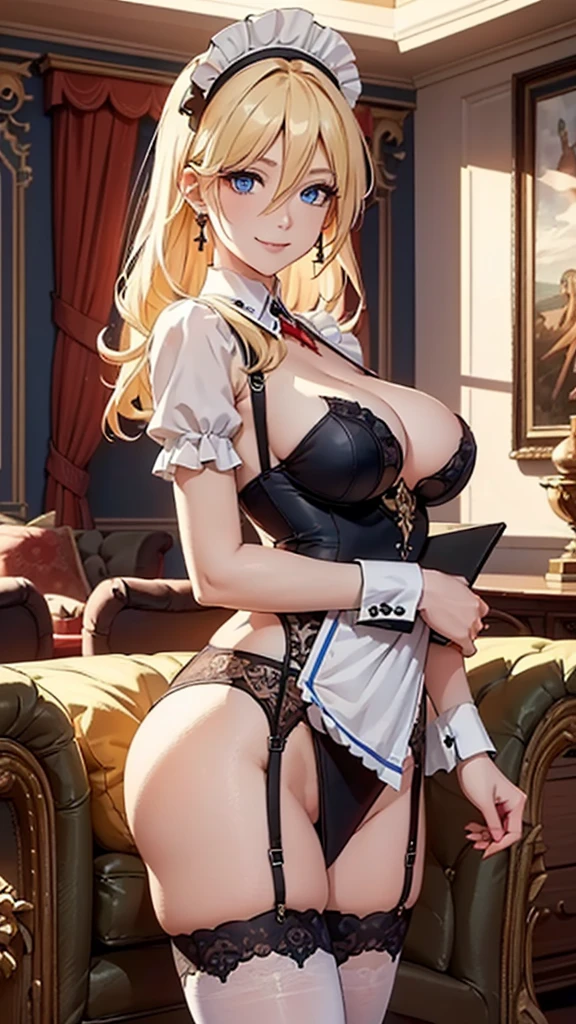(((masterpiece, best quality, high resolution, 8k))), (((one beautiful woman))), (attractive woman), (((shining blonde hair))), (((french updo))), (((beautiful smile))), (((shining blue eyes, slanted eyes))), (((very long eyelashes))), (((white maid's headdress))), (((sexy maid dress))), (((thong and garter belt))), image from head to knees, (((front angle))), (((very large breasts))), (((beautiful proportions))), earrings, living room of a luxurious mansion, highly detailed animated illustration,