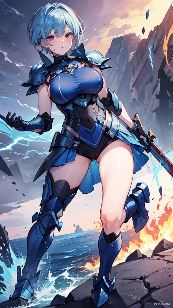 Full body armor shattered，Blue short hair，Beauty，Sexy，Large Breasts，In battle，Sweat，fire，lipstick，Wave hairstyle，lightning