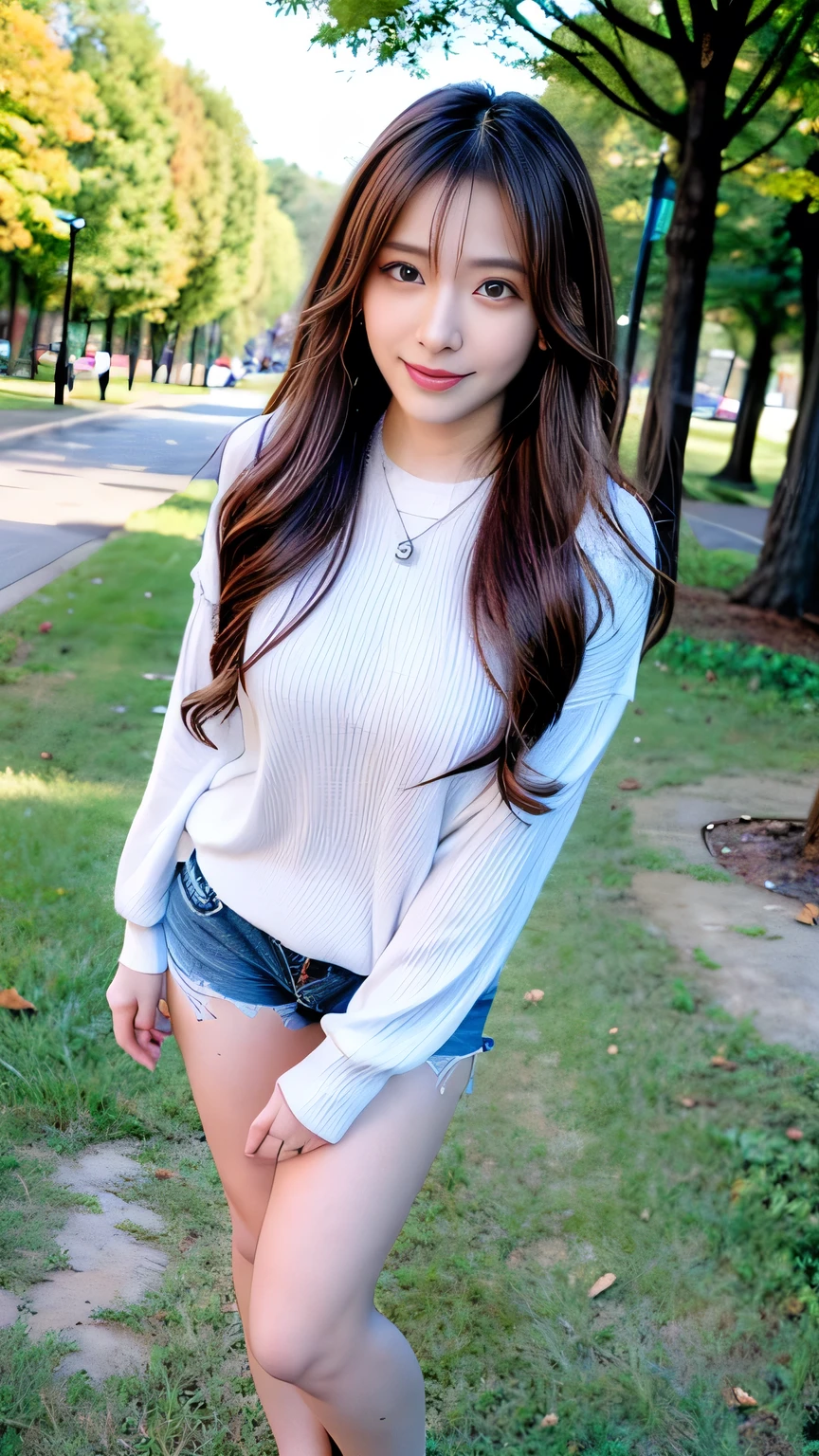 seed:4195271995,((Full Body Angle:1.1)),((Highest quality, 8K, masterpiece: 1.3)), concentrated: 1.2,Front hair:1.3, Cute girl 1,Nipples erect、 Perfect beauty: 1.4,Colorful ribbed knit half-zip T-shirt、Shorts,: 1.2,Randall Color、comics&Text Graphics、Black,1.1, Highly detailed face and skin textures, Fine grain, double eyelid, whitening skin, ,Highest quality,Ultra-high resolution,you,1 girl,alone,_Shiny_skin,Iris,necklace,((brown_length_Wavy_hair)),(lips)),eyelash,Front hair,deal with,compensate,Shiny,pore,skin big breasts、(smiling face)、Front hair、Walking in the park、walk